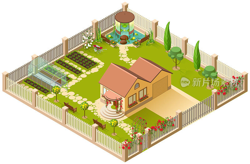 有凉棚、温室和鲜花的乡村别墅和大花园。3 d等距插图